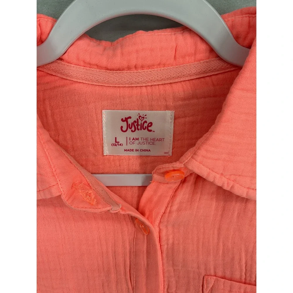 Justice Girls Beach Shirt Coral Cotton Gauze Roll Tab Button Up Size L 12/14